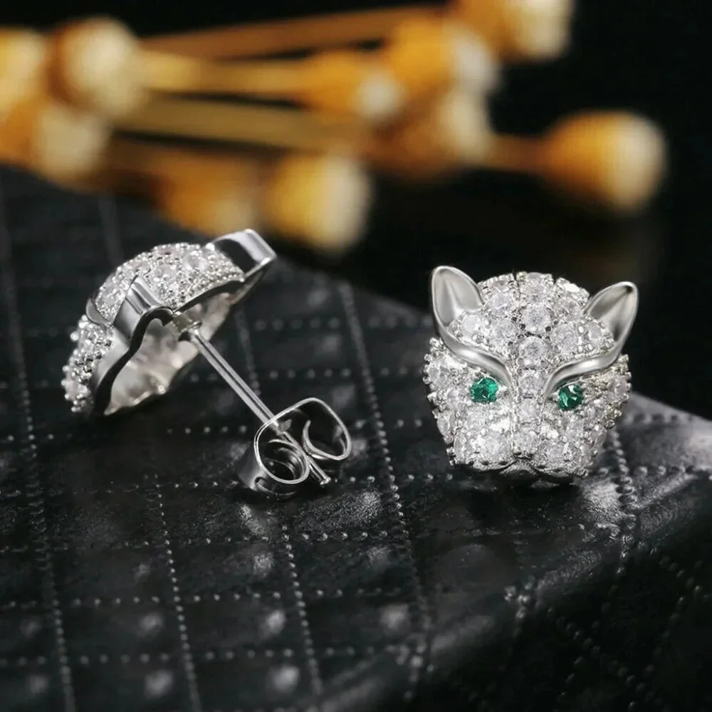 925 Sterling Silver Diamond Leopard Panther Cat Stud Earrings - Picture 4 of 7